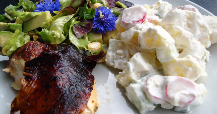 Rom-kylling, kartoffelsalat med radiser og rygeost, salat med grillede artiskokker og kornblomster, jordbærsuppe med kokos-lime is