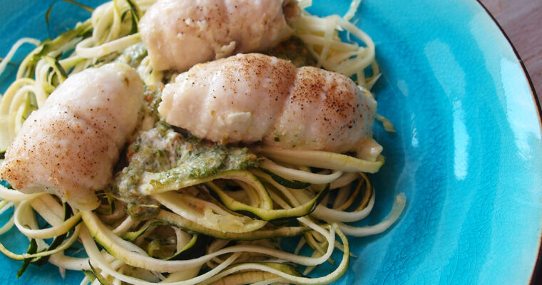 Rødtunge med pesto og squash-spaghetti